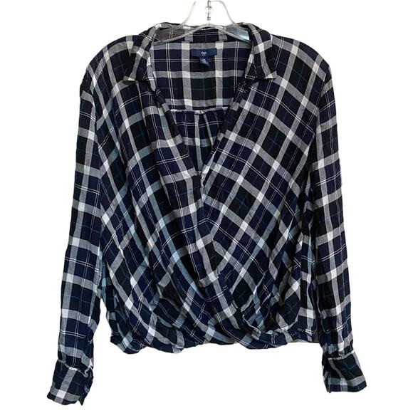 Gap Surplice Wrap-Front Shirt in Navy/White/Blue Plaid M - Picture 2 of 9